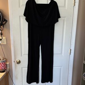Polly & Esther Strapless Black Wide-Leg Jumpsuit with Draped Overlay